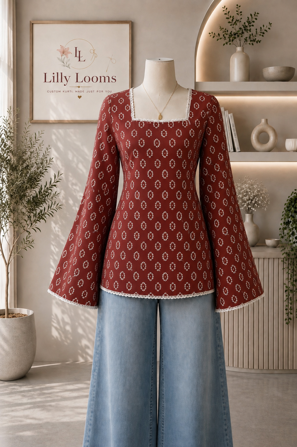 Rust Brown Bandhej Cotton Short Kurti With Lace