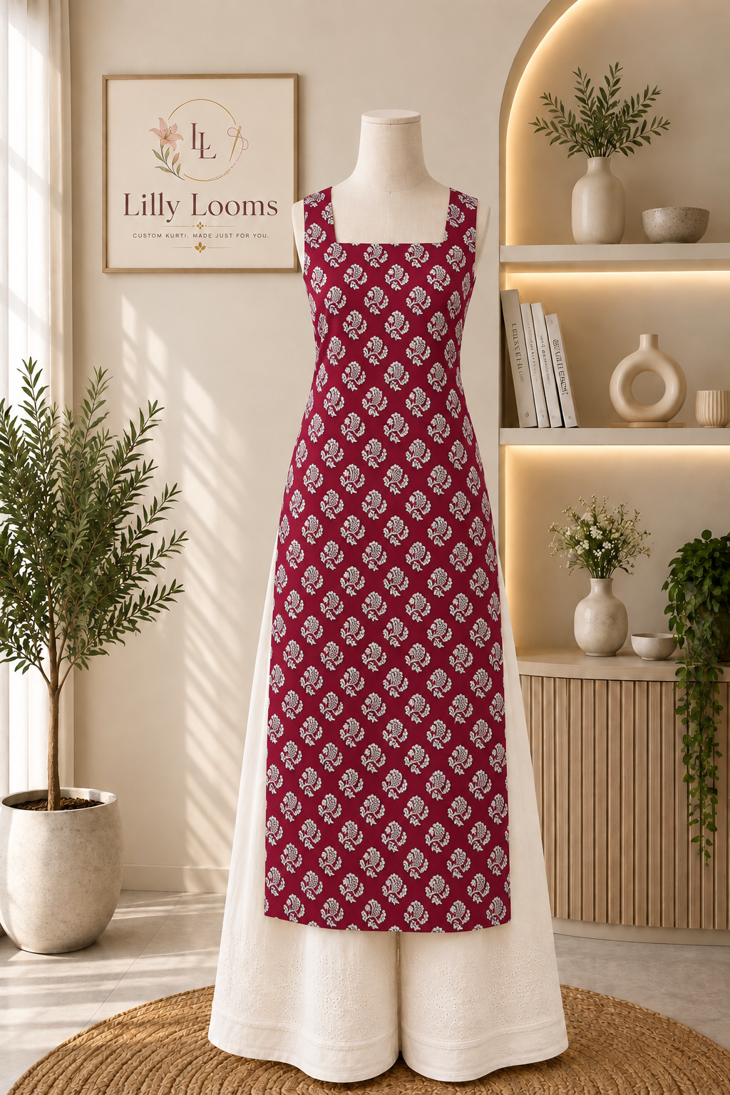 Deep Pink Backless Cotton Long Straight Kurti