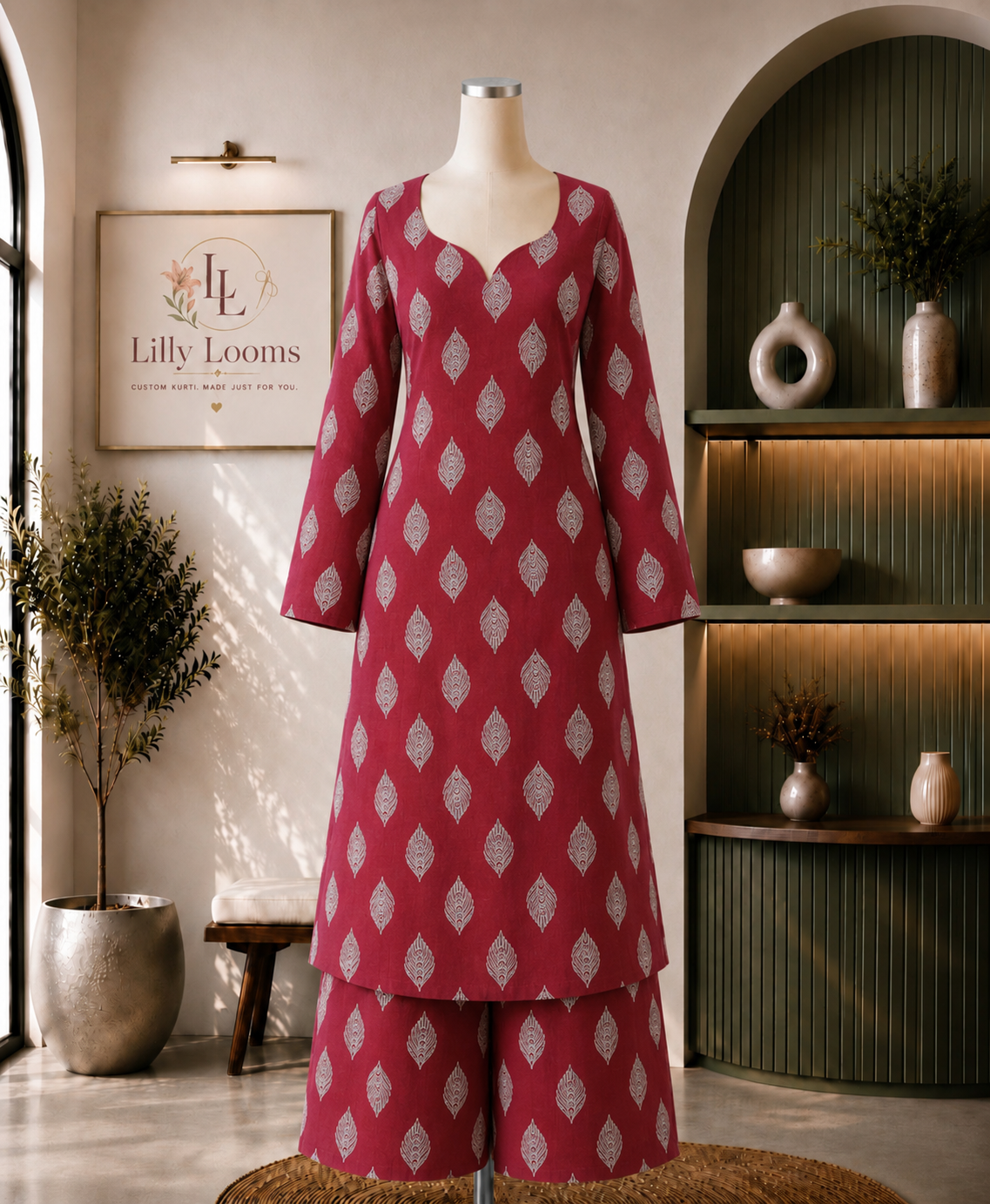 Maroon Leaf Cotton Co-ord Set