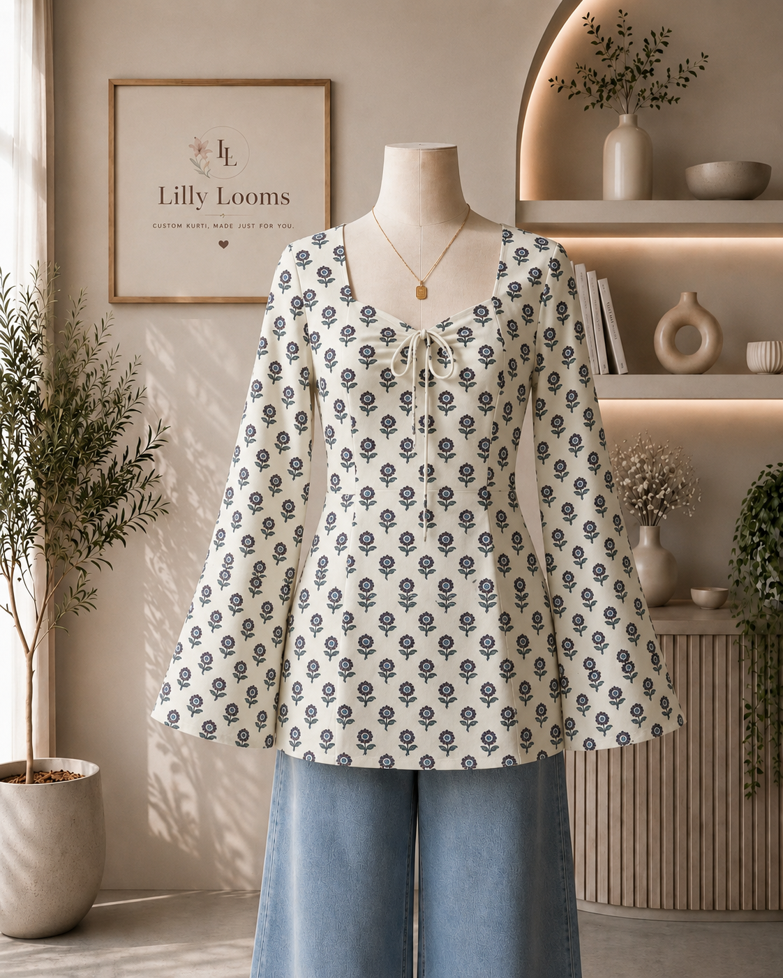 White Blue Small Floral Cotton Short Kurti