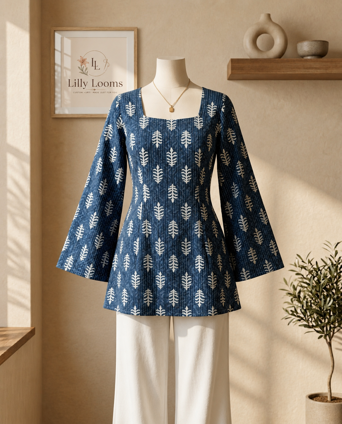 Blue Cotton Kantha Short Kurti