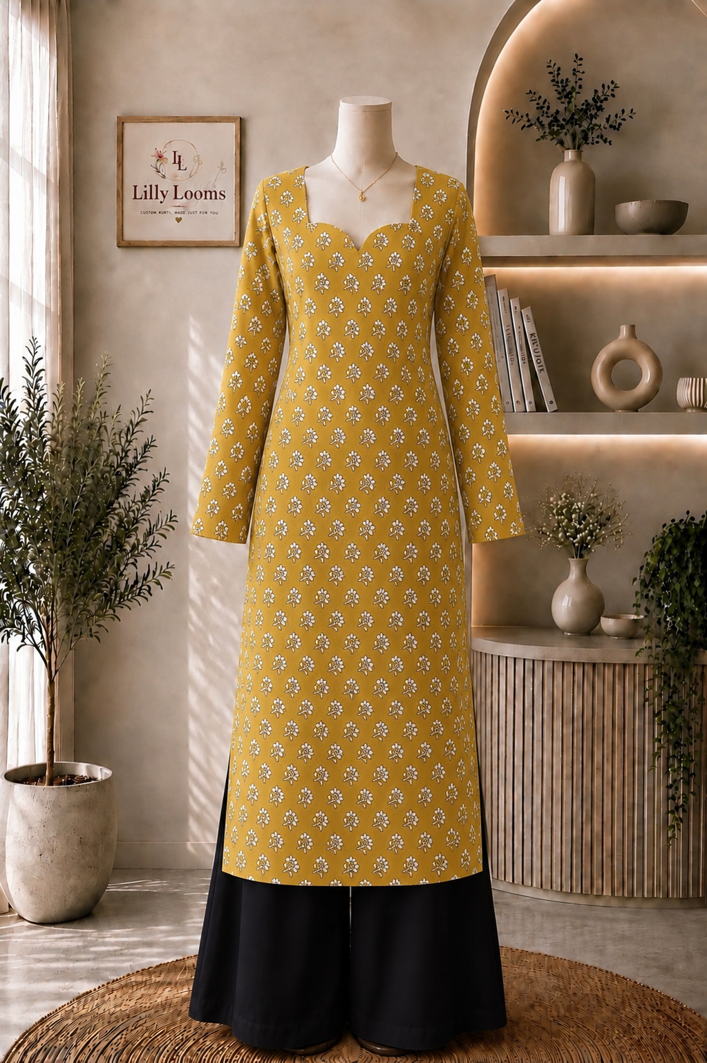 Mustard Cotton Long Straight Kurti