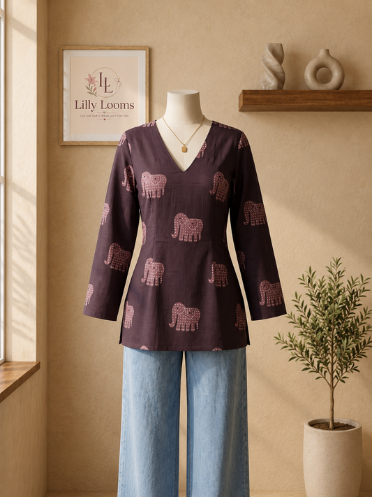 Wine Elephant Printed Cotton Short Kurti