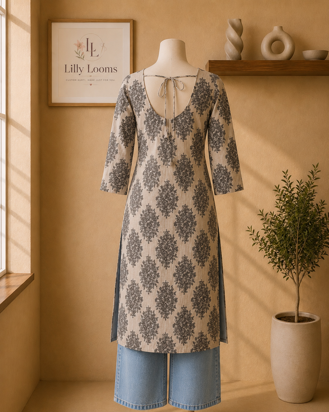 Handblock Printed Cotton Long Straight Kurti