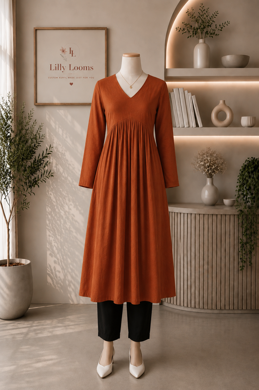 Solid Rust Cotton Flex Alia Cut Kurti