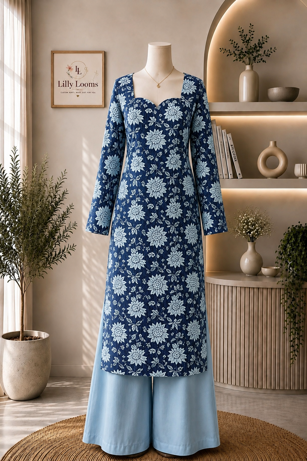 Navy Blue Cotton Kantha Long Straight Kurti