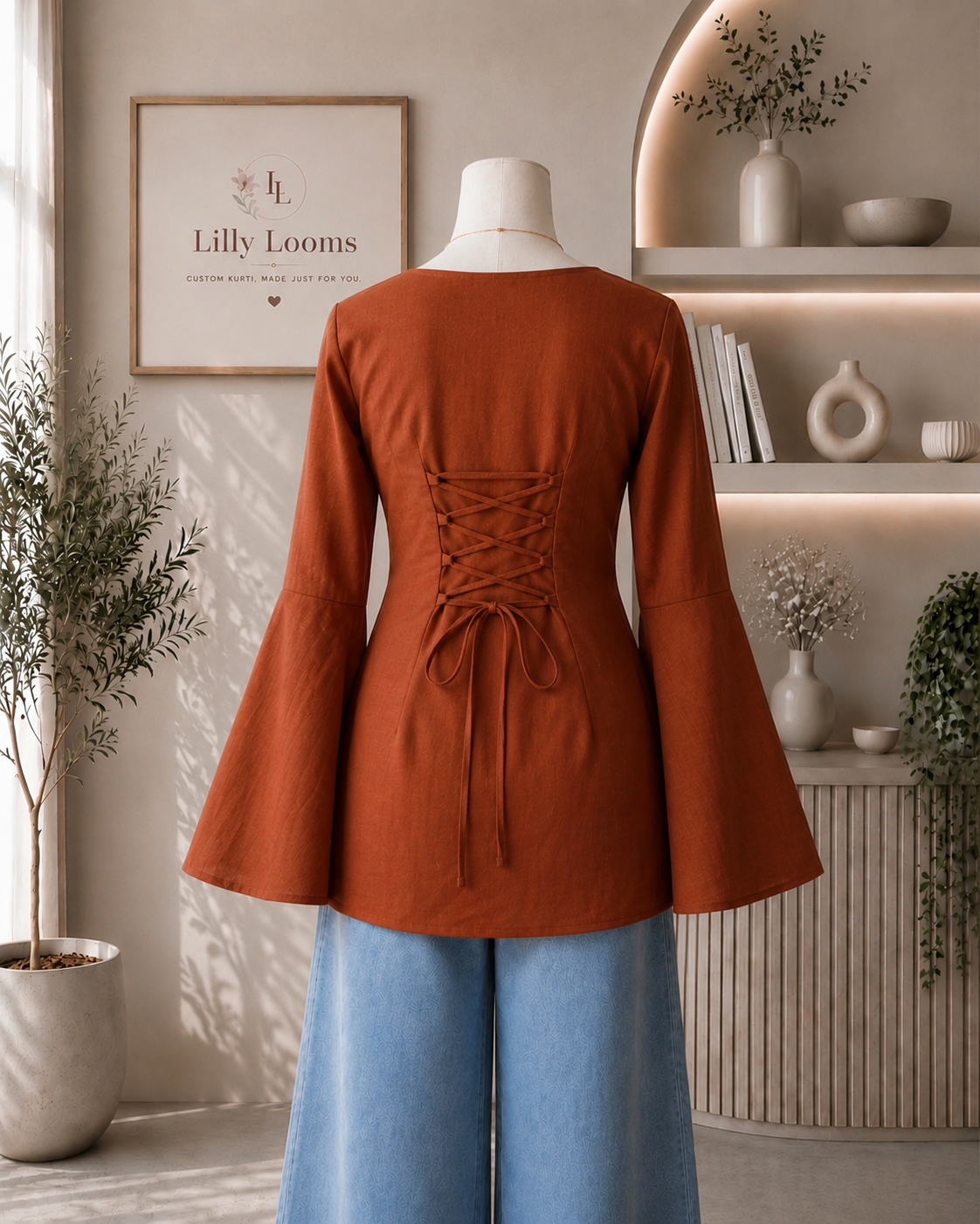 Rust Cotton Short Kurti With Corset Back