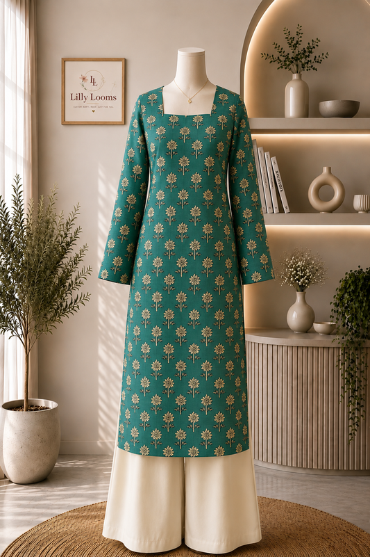 Green Flora Cotton Long Straight Kurti