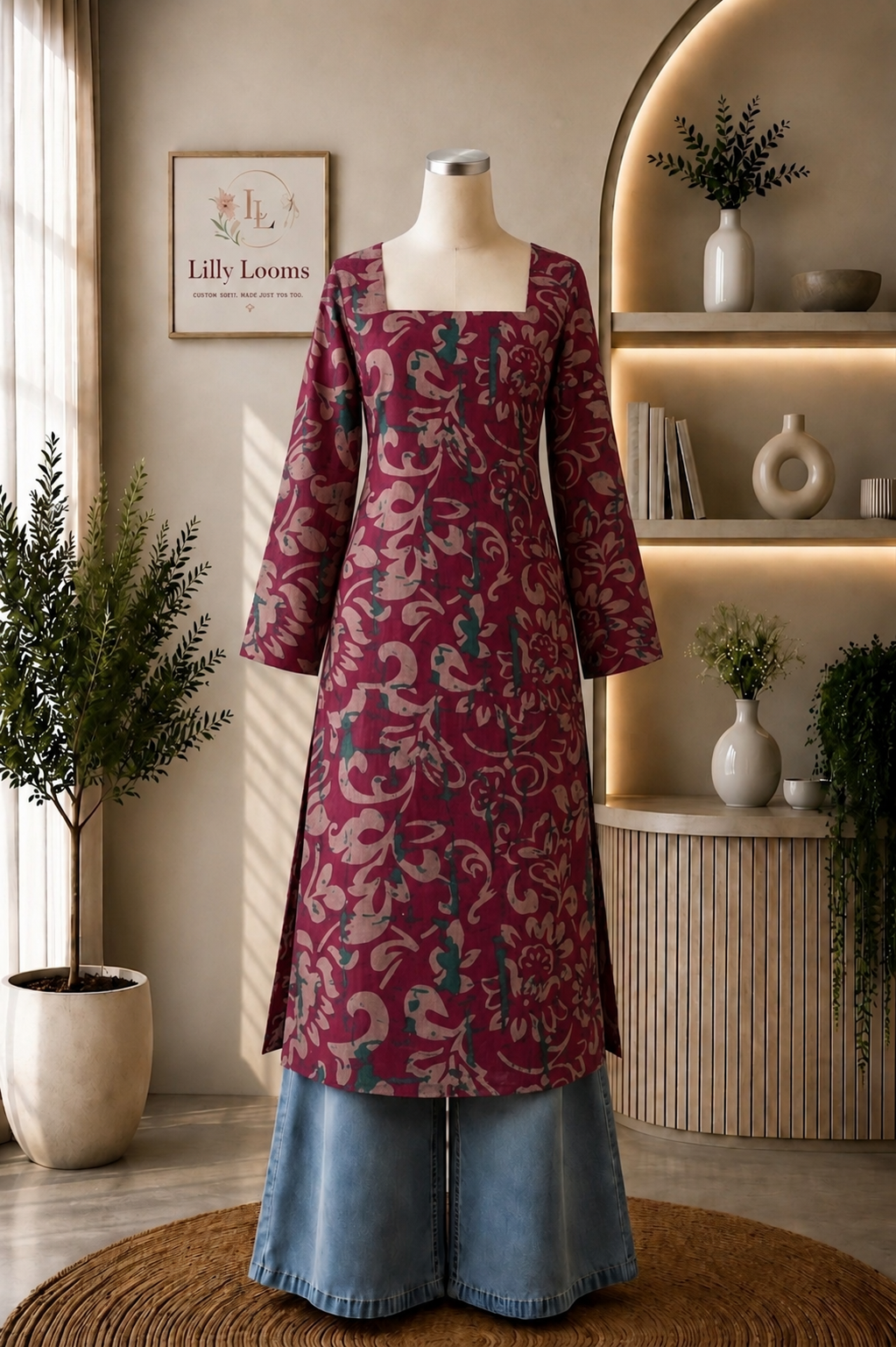 Berry Bloom Cotton Long Straight Kurti