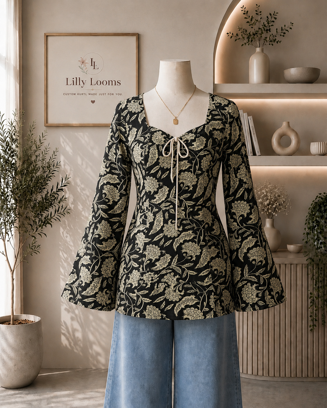 Black Kalamkari Cotton Short Kurti With Corset Back