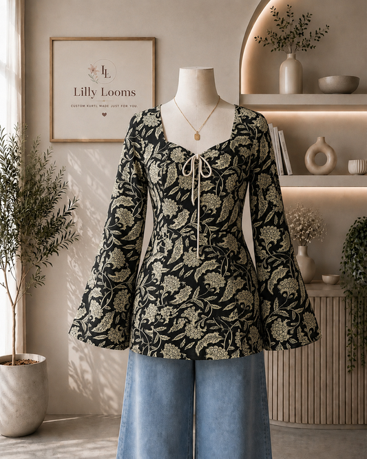 Black Kalamkari Cotton Short Kurti With Corset Back