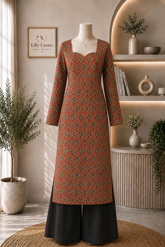 Rust Brown Cotton Long Straight Kurti