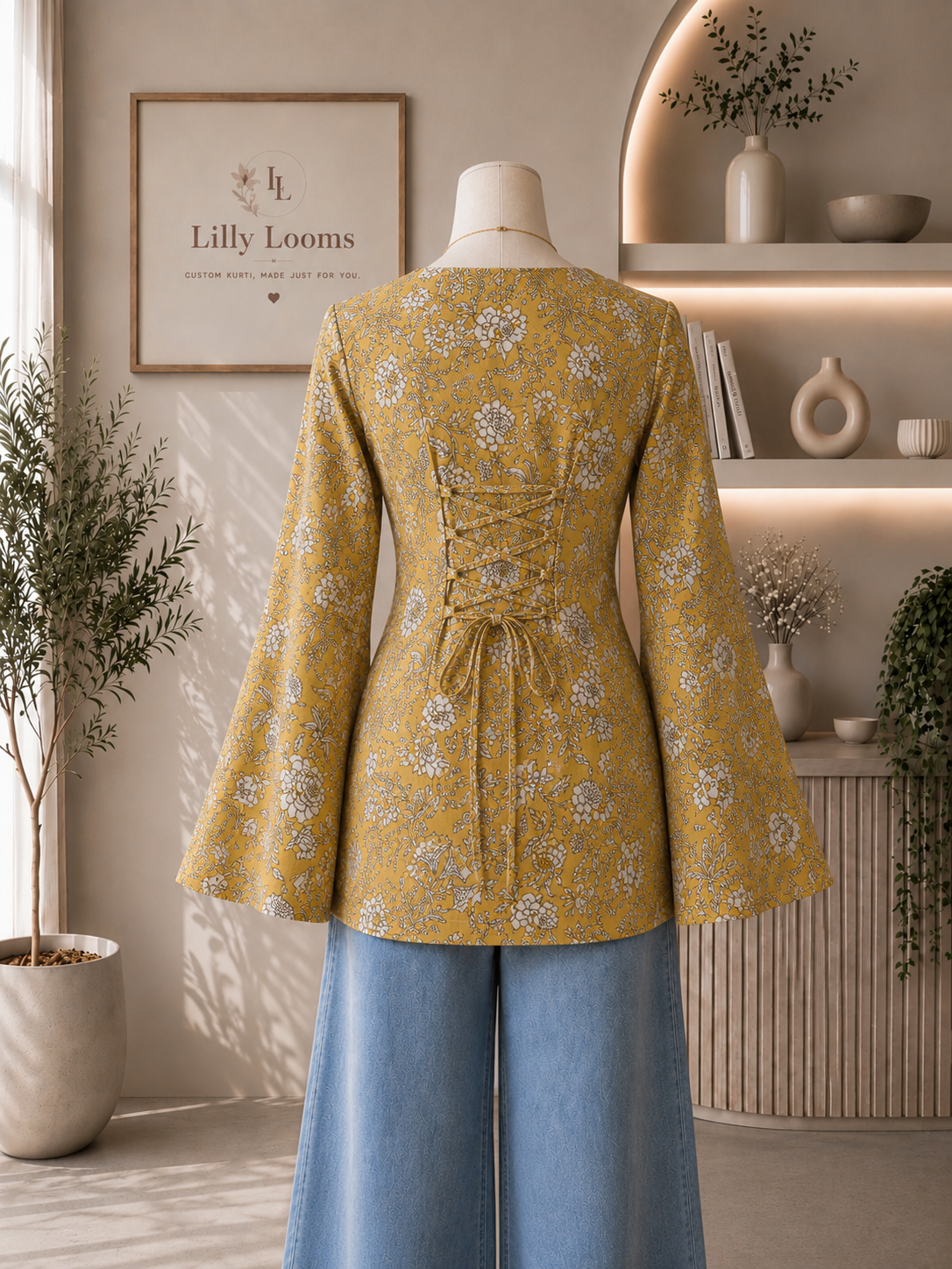Yellow Floral Cotton Short Kurti With Corset Back