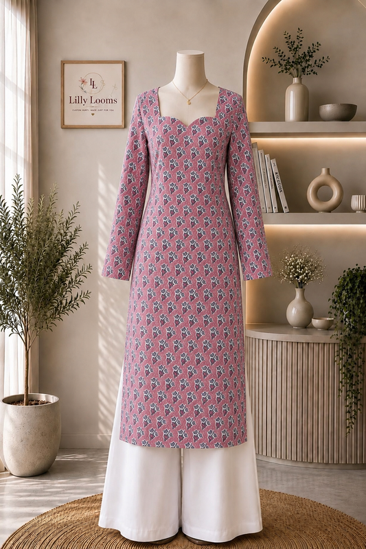 Mauve Pink Cotton Kantha Long Straight Kurti