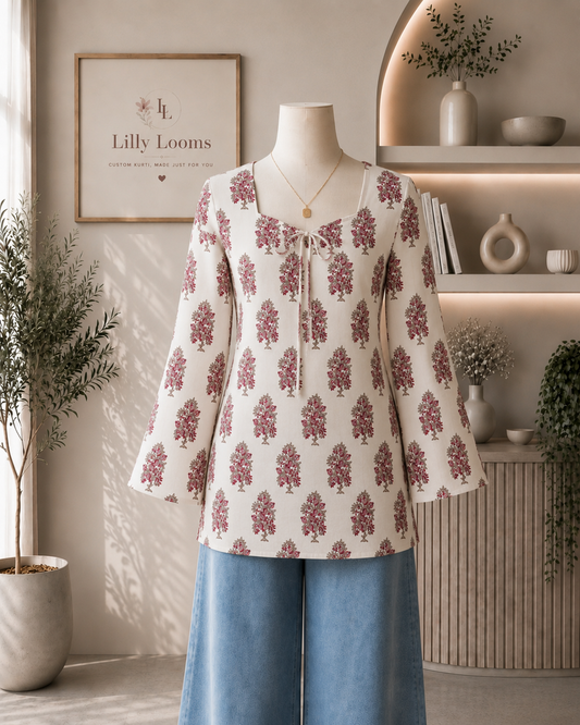 White Block Printed Cotton Short Kurti