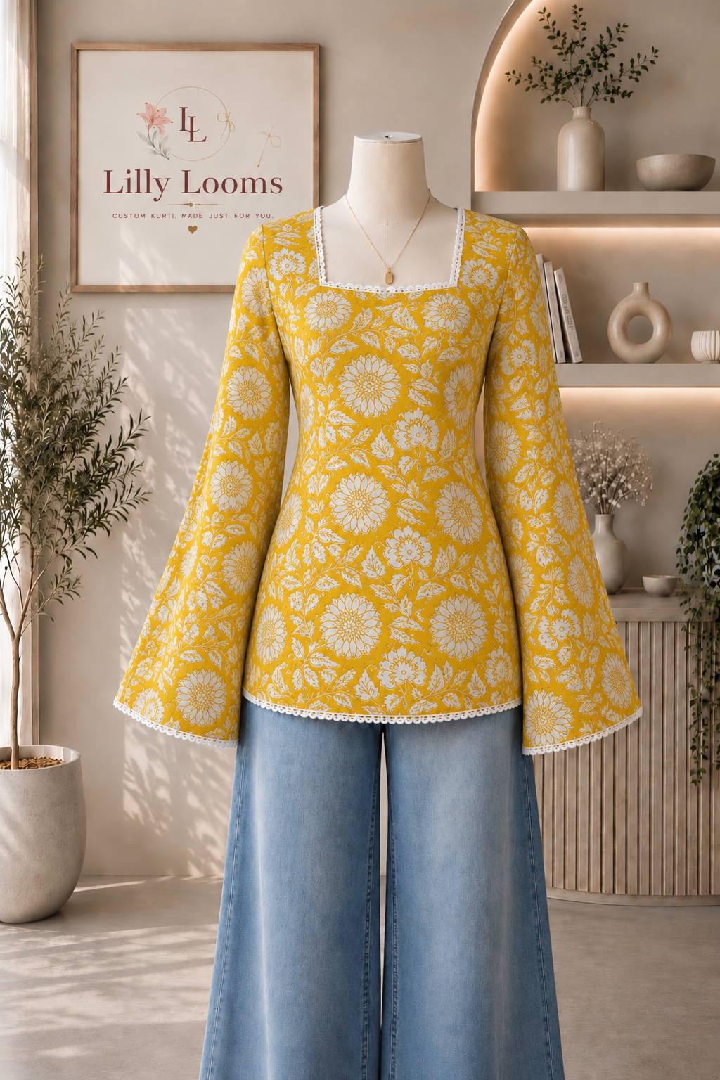 Yellow Floral Cotton Short Kurti With Lace