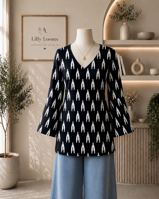 Black Ikkath Printed Cotton Short Kurti