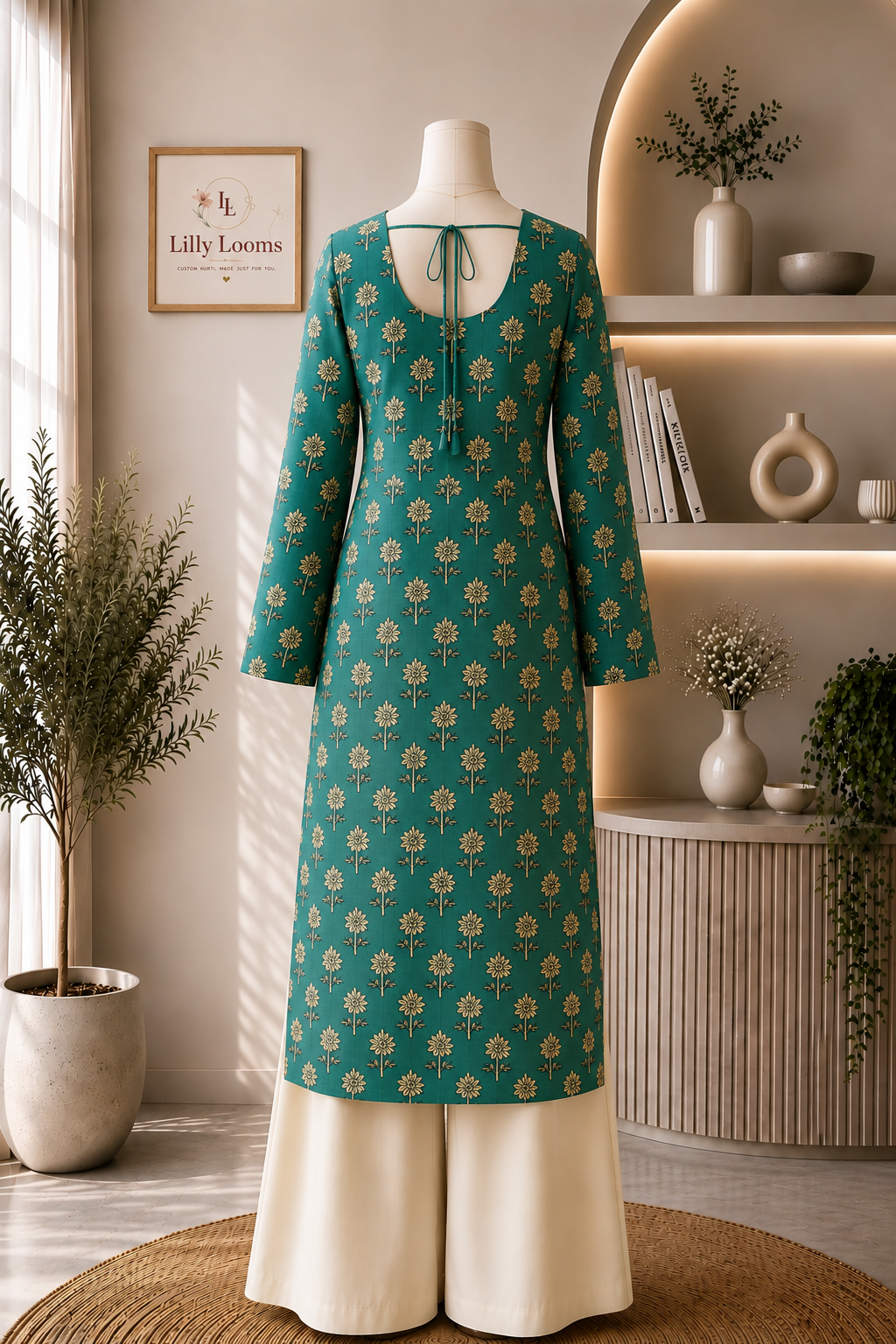 Green Flora Cotton Long Straight Kurti