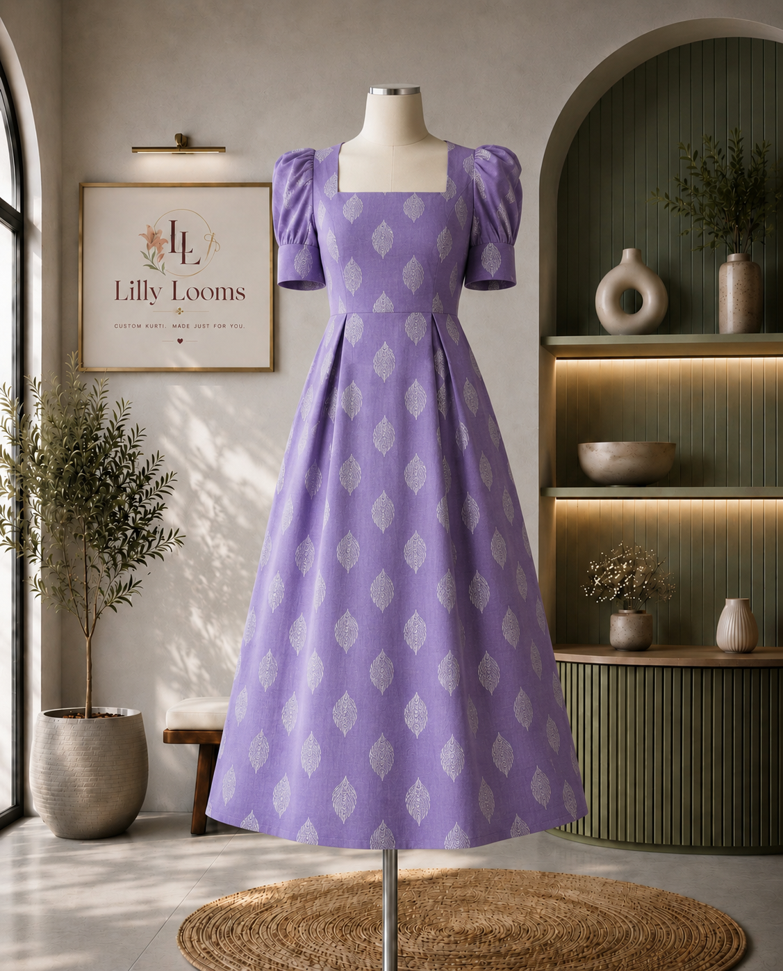 Lavender Leaf Cotton Midi Dress