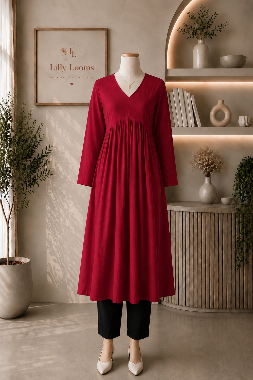 Solid Red Cotton Flex Alia Cut Kurti