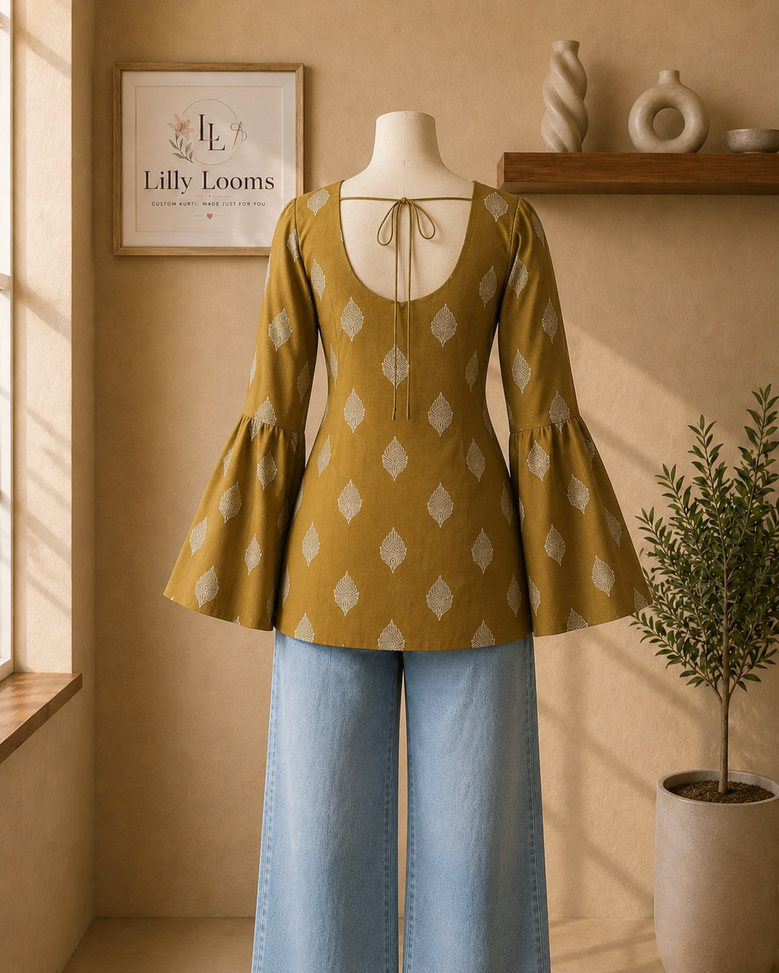 Mustard Olive Leaf Cotton Short Kurti