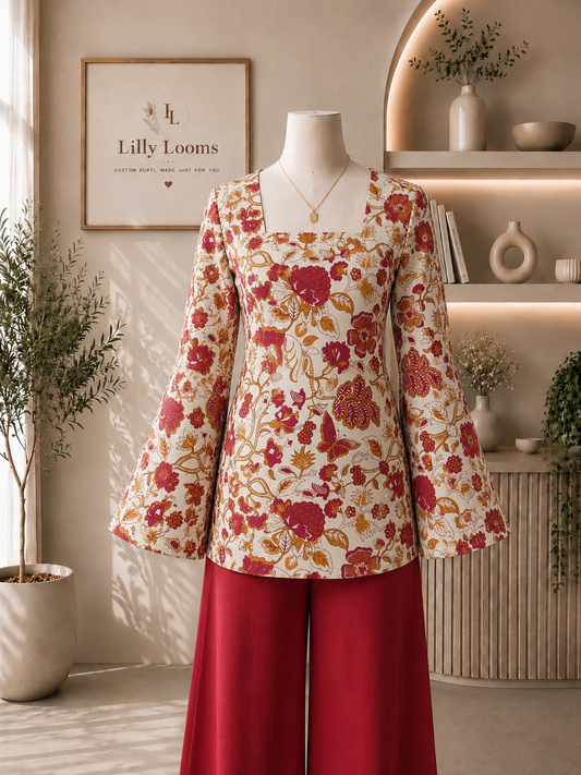 White Floral Cotton Short Kurti