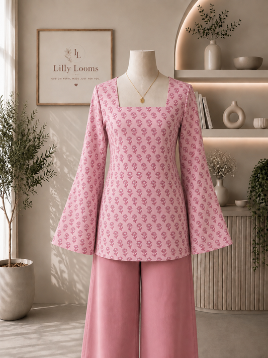 Pink Handlock Printed Cotton Short Kurti