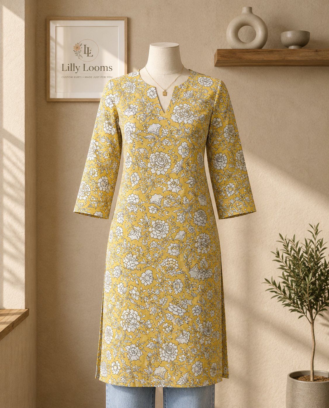 Mustard Floral Soft Cotton Long Kurti