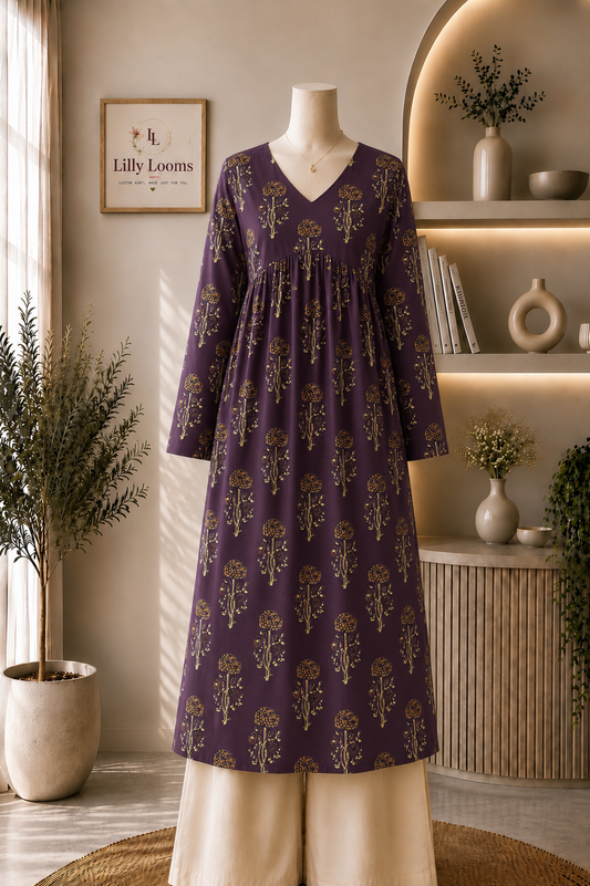 Wine Printed Alia Cut Kurti