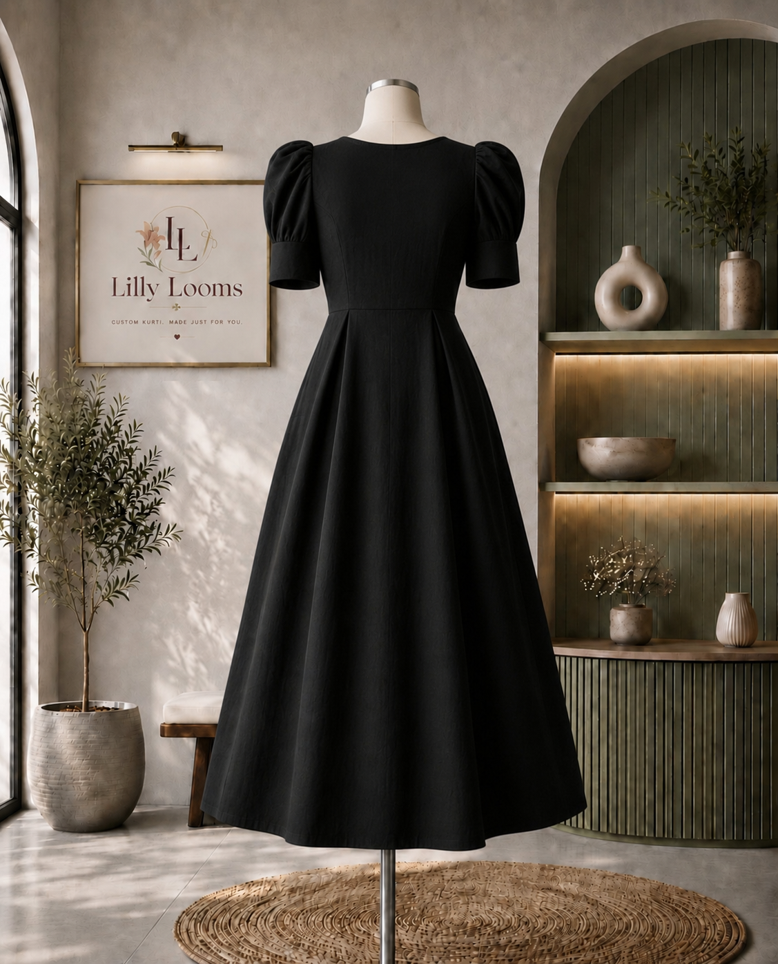 Black Premium Cotton Flex Midi Dress
