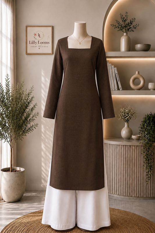 Coffee Brown Cotton Slub Long Straight Kurti With Lining