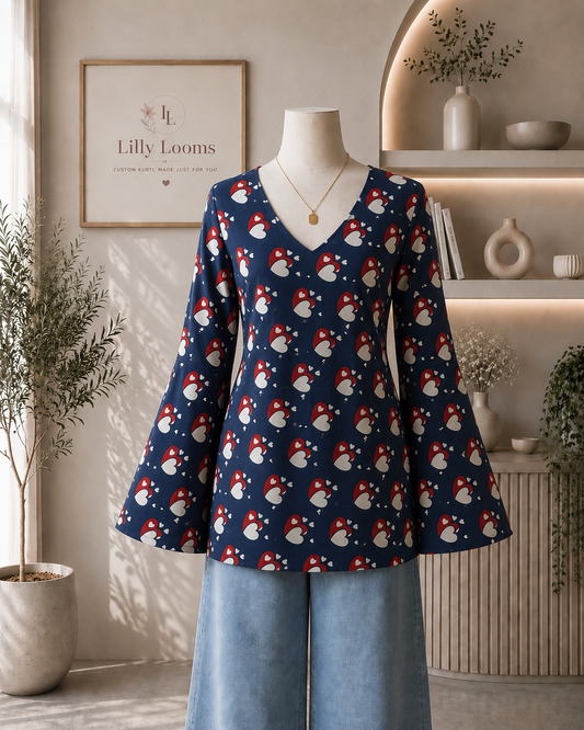 Blue Heart Printed Cotton Short Kurti