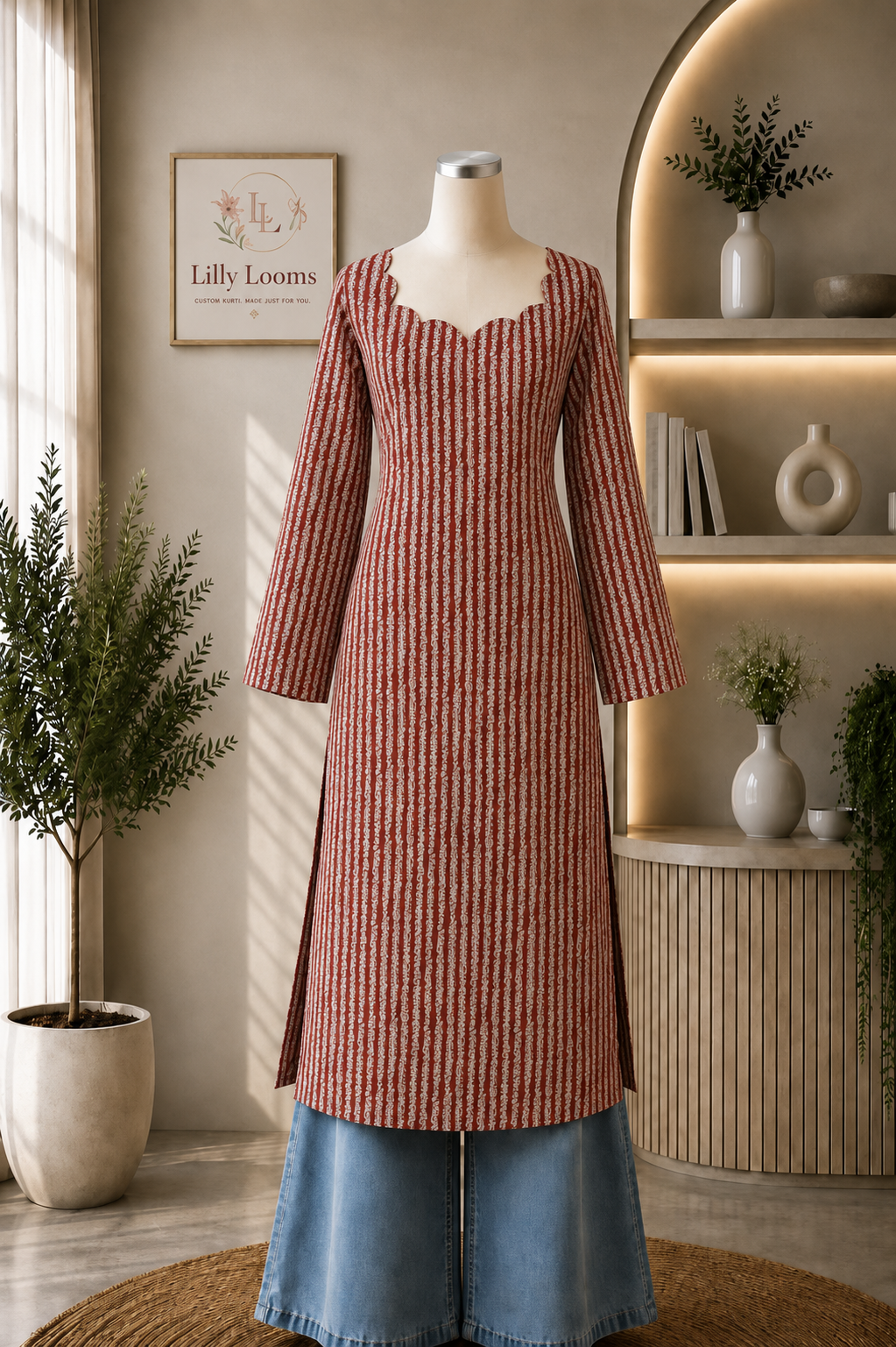 Striped Cotton Long Straight Kurti