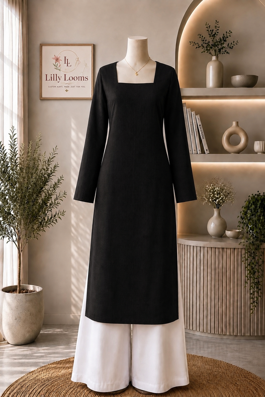 Black Cotton Flex Long Straight Kurti