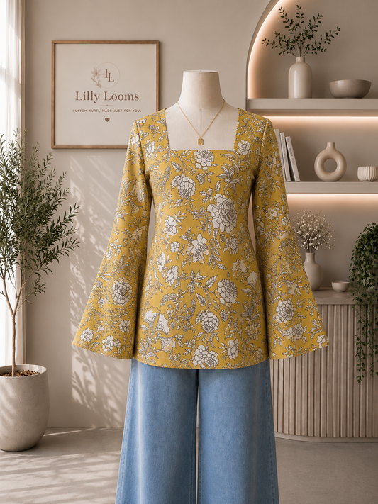 Yellow Floral Cotton Short Kurti With Corset Back