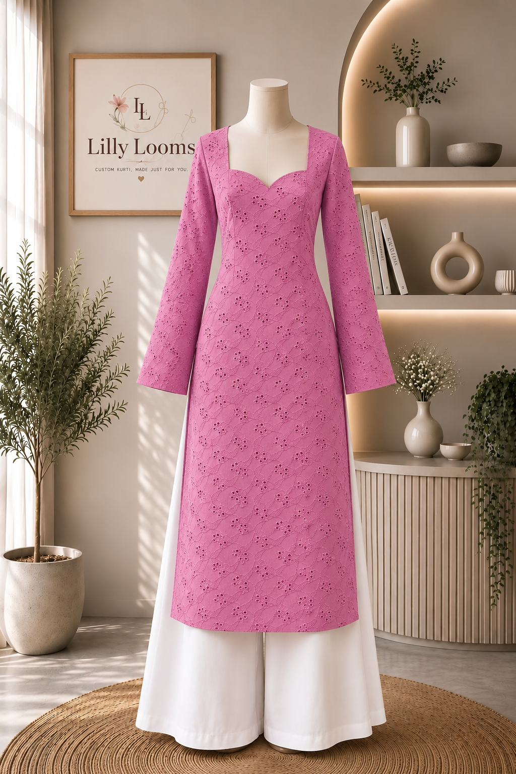 Pink Cotton Hakoba Long Straight Kurti