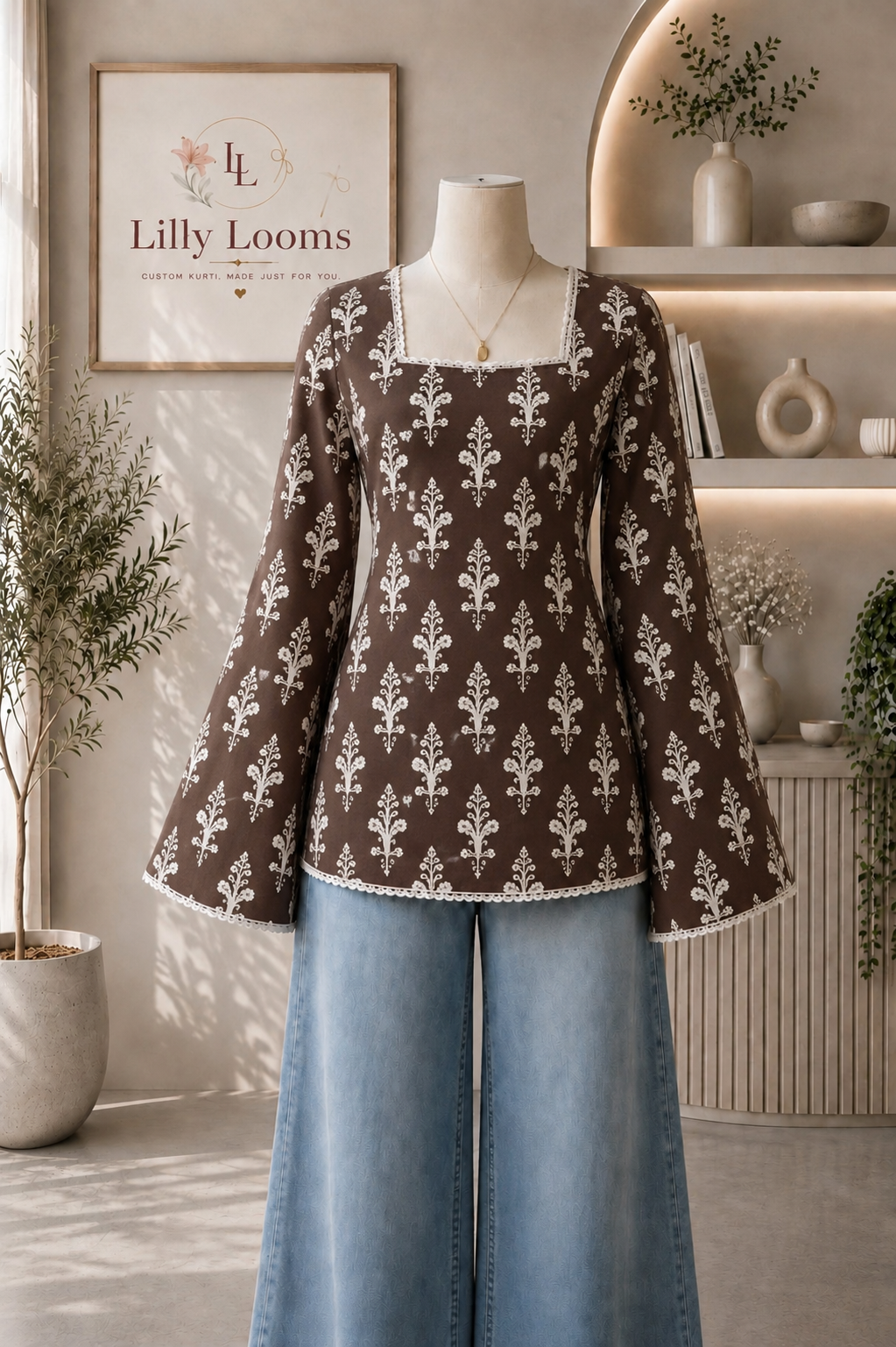 Coffee Brown Cotton Short Kurti With Lace