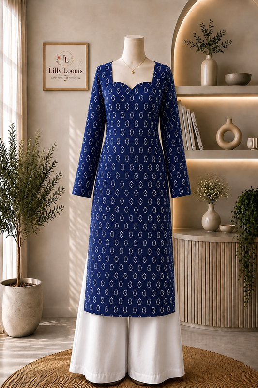 Deep Blue Cotton Long Straight Kurti