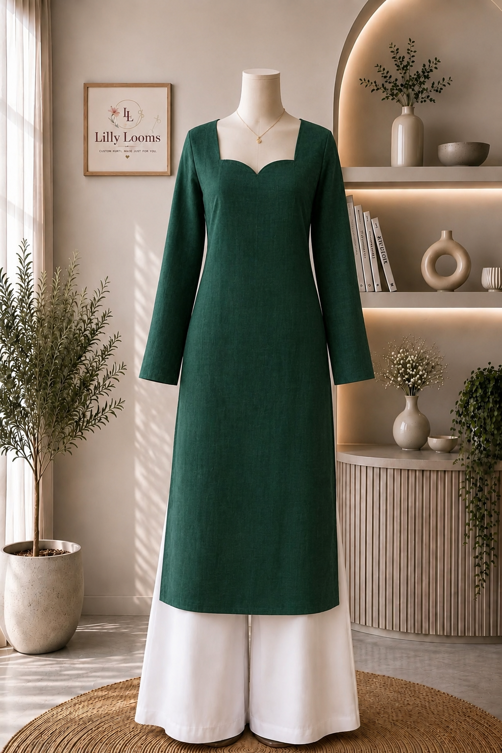 Bottle Green Cotton Slub Long Straight Kurti With Lining