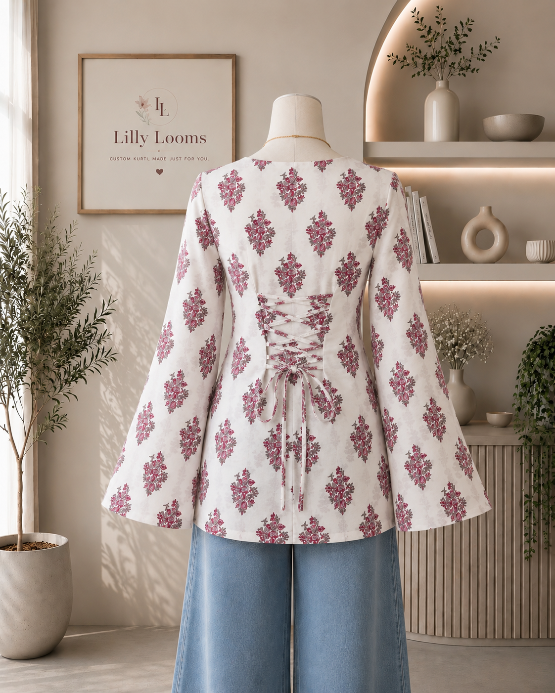 White Block Printed Cotton Short Kurti With Corset Back