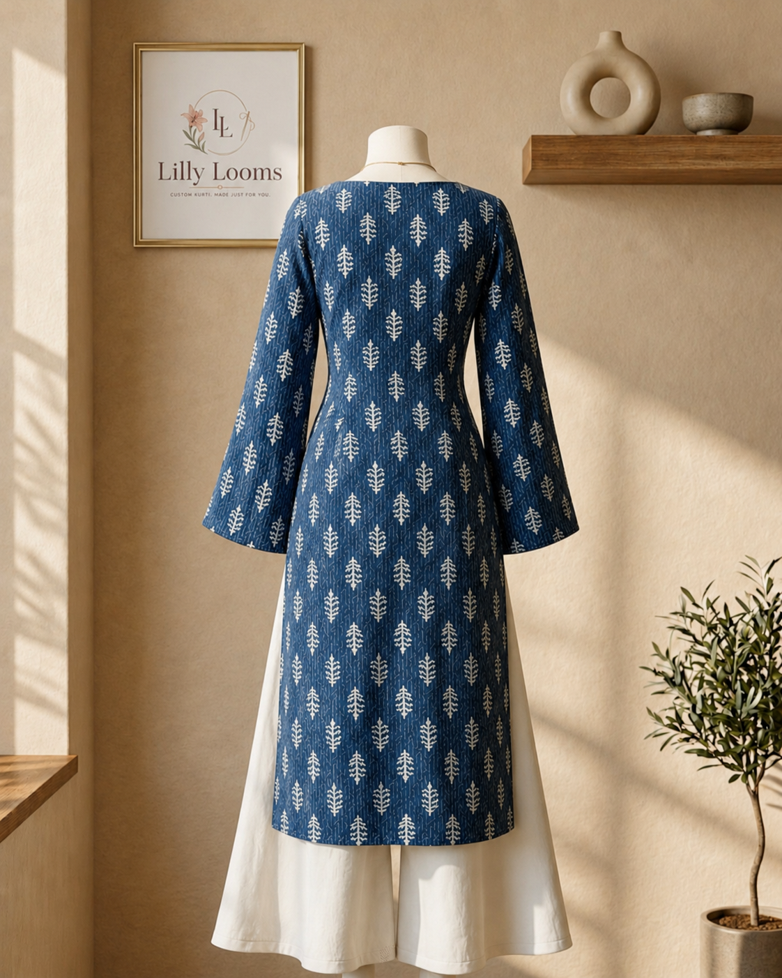 Blue Cotton Kantha Long Kurti