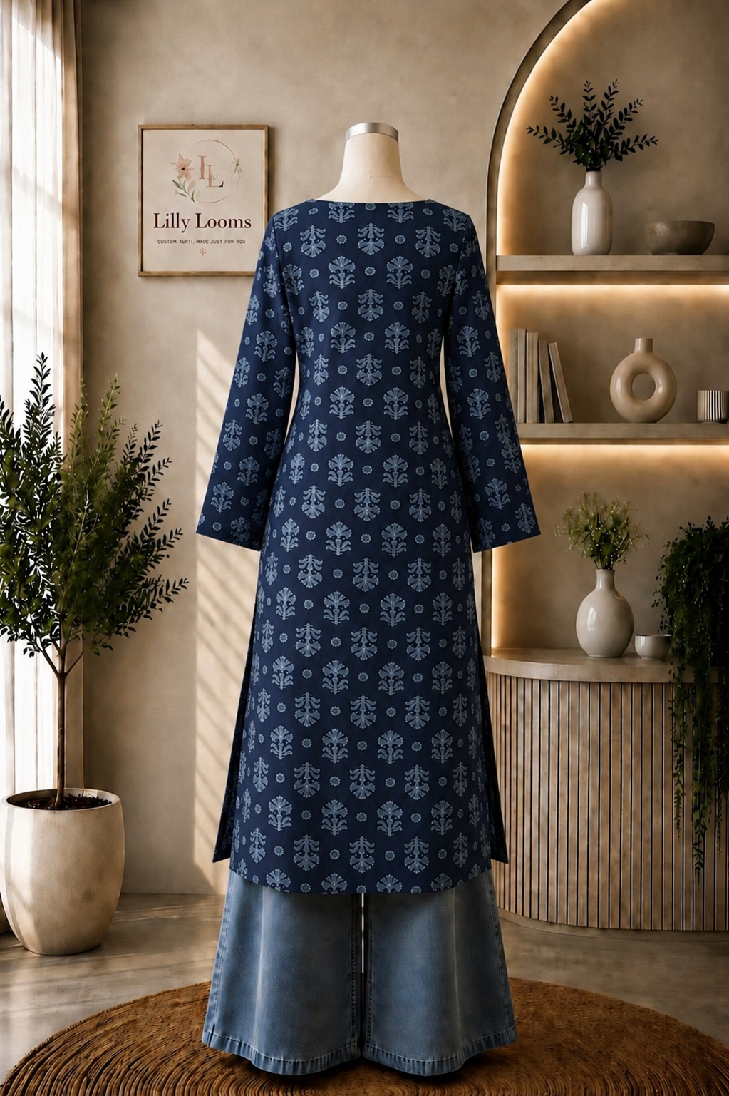 Navy Blue Printed Cotton Long Straight Kurti