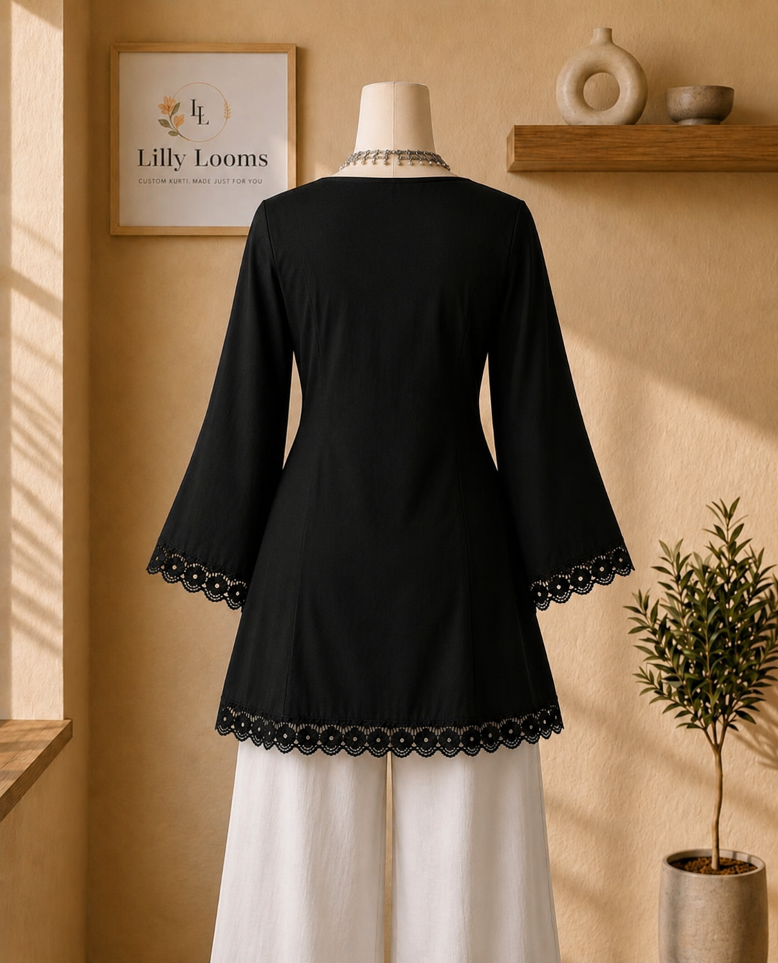 Black Cotton Lace Short Kurti