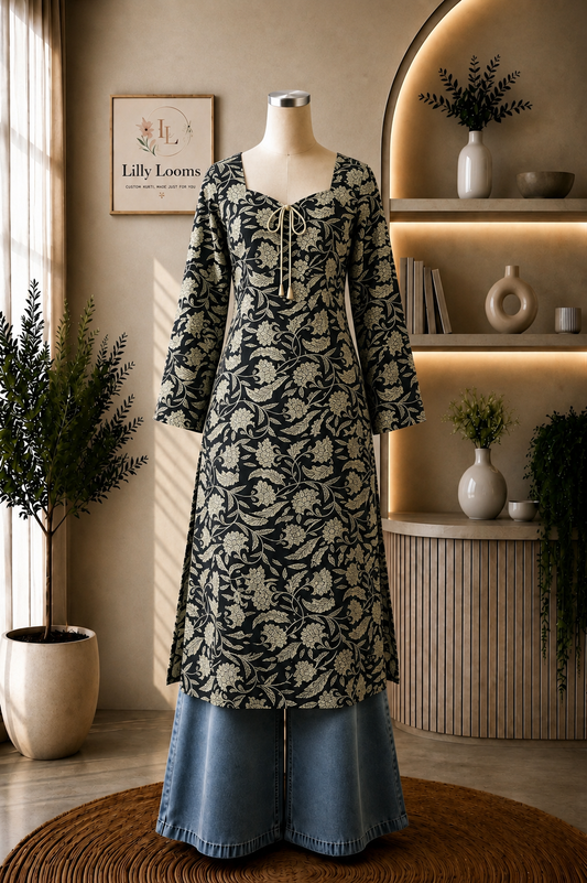 Black Kalamkari Tie-Up Cotton Long Straight Kurti