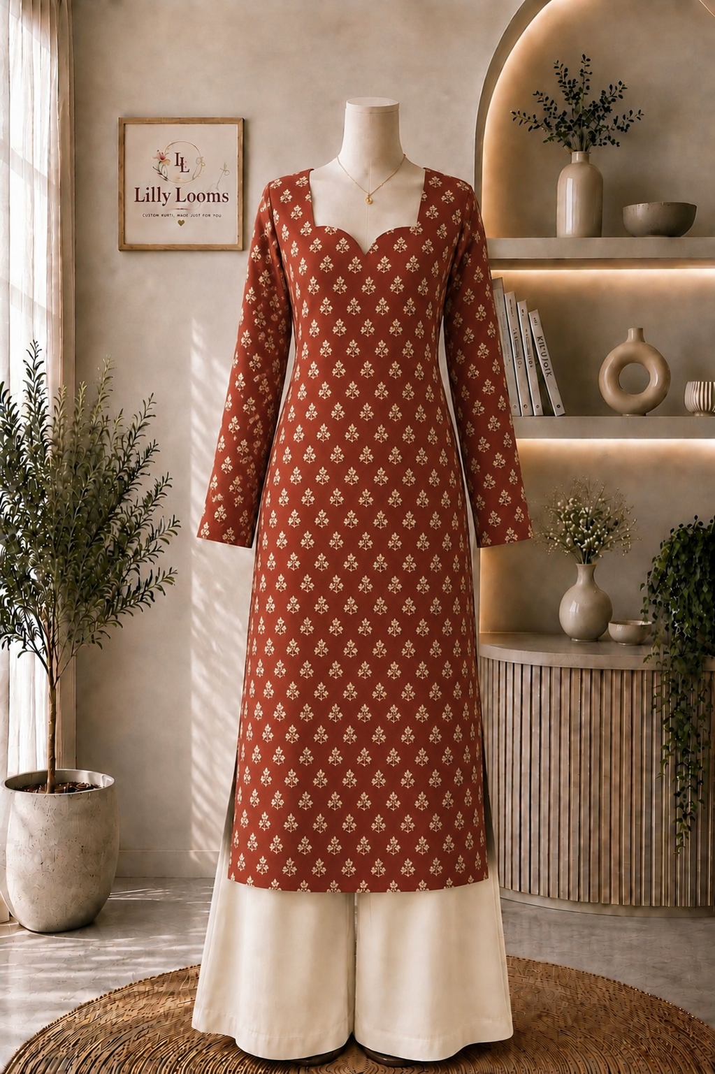 Rust Orange Cotton Long Straight Kurti