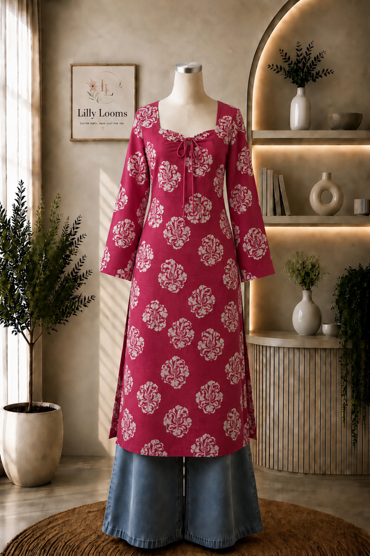 Deep Pink Tie-Up Khadi Cotton Long Straight Kurti
