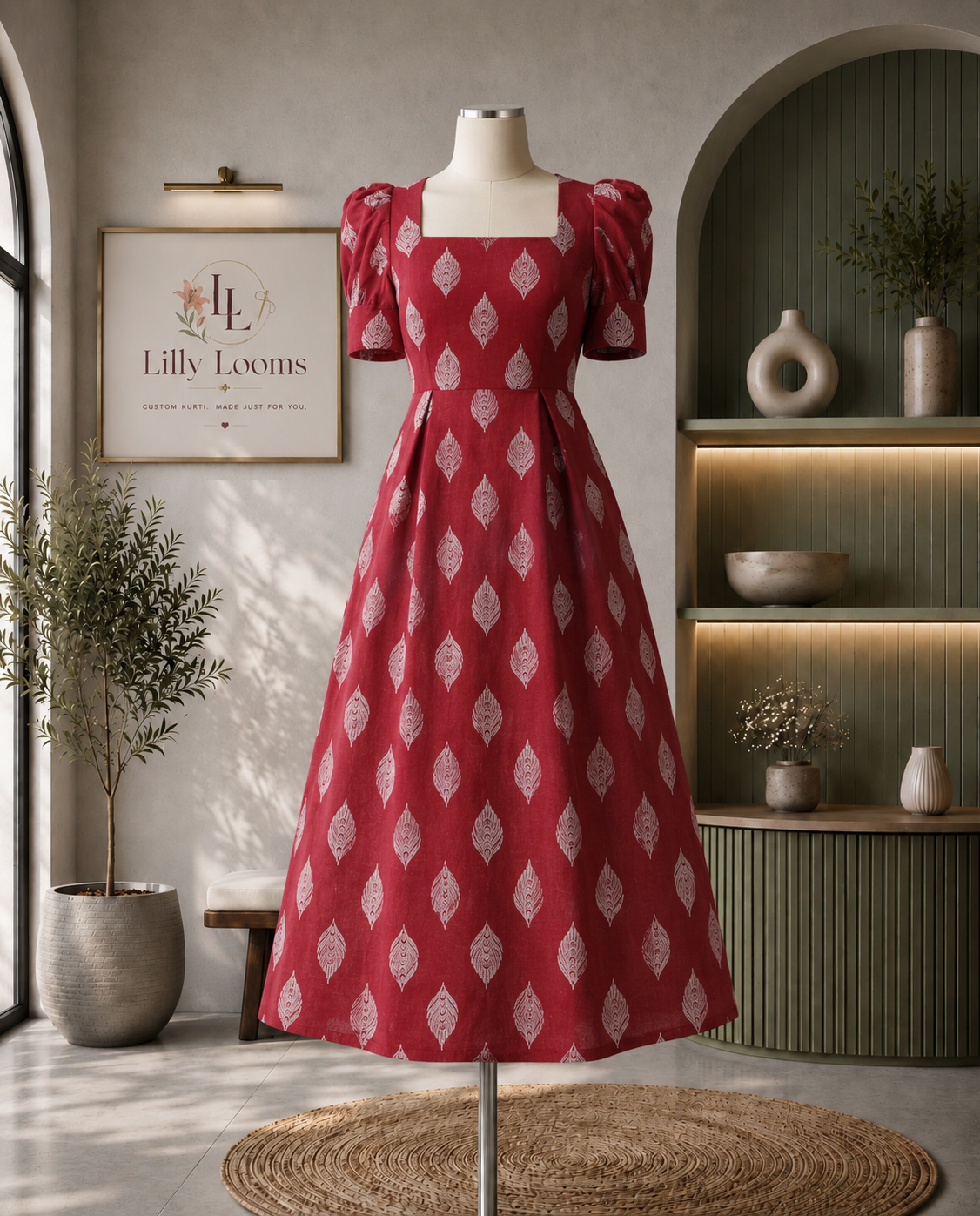 Maroon Leaf Cotton Midi Dress