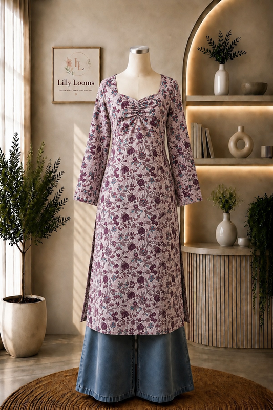 Mauve Floral Cotton Long Straight Kurti