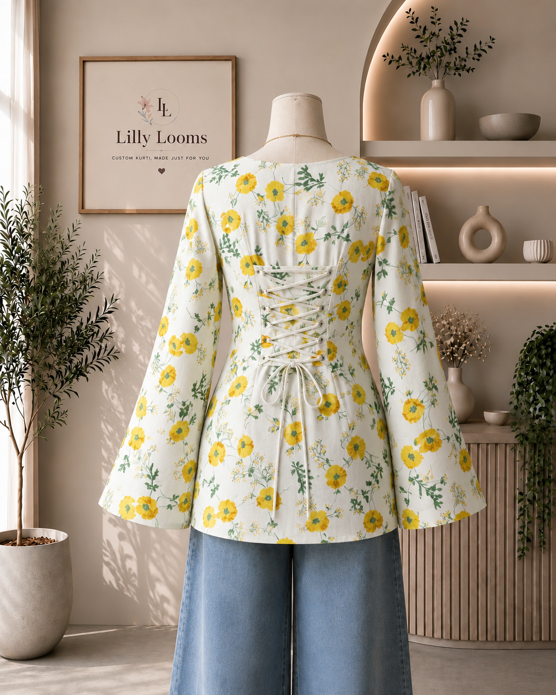 Off-White Floral Khadi Cotton Short Kurti With Corset Back