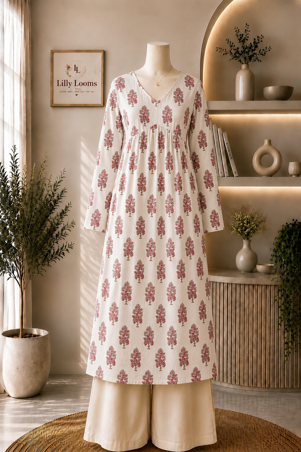 White Block Printed Alia Cut Kurti